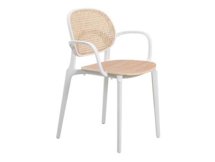 Fauteuil avec structure blanche assise bois et cannage naturel