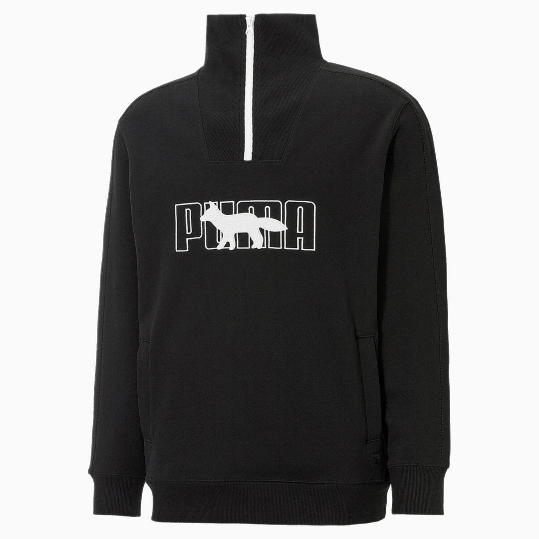 Puma x Maison Kitsune Langarm Herren Halbzip schwarzes Sweatshirt 532322 01