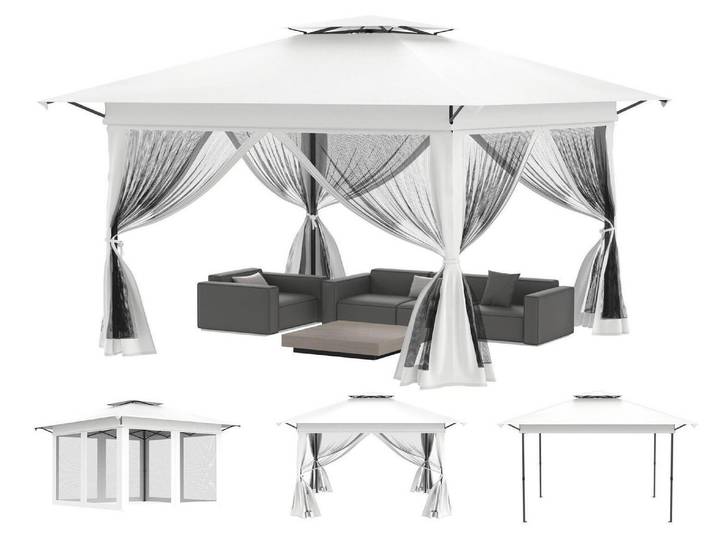 Pop Up Pavillon 4x4m Weiß UV-Schutz Mückenschutz Doppeldach Höhenverstellbar
