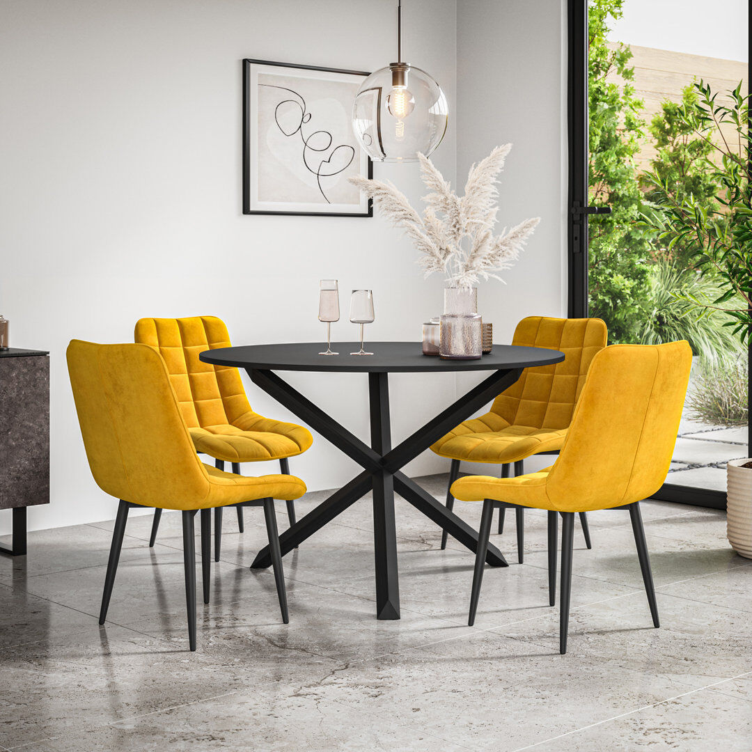 Metro Darcus 120cm Round Dining Table Set with 4 Nova Velvet Chairs Black/Black/Mustard 4