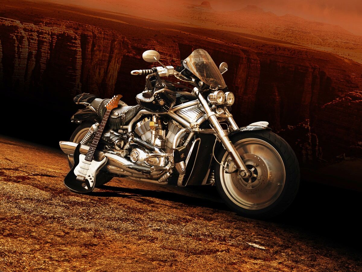 Fototapete PAPERMOON "Motorrad Gitarre", bunt, B:1,5m L:1,11m, Vlies, Tapeten, Fototapete bunt B/L: 1,5m x 1,11m, Bahnen: 7 Stk.