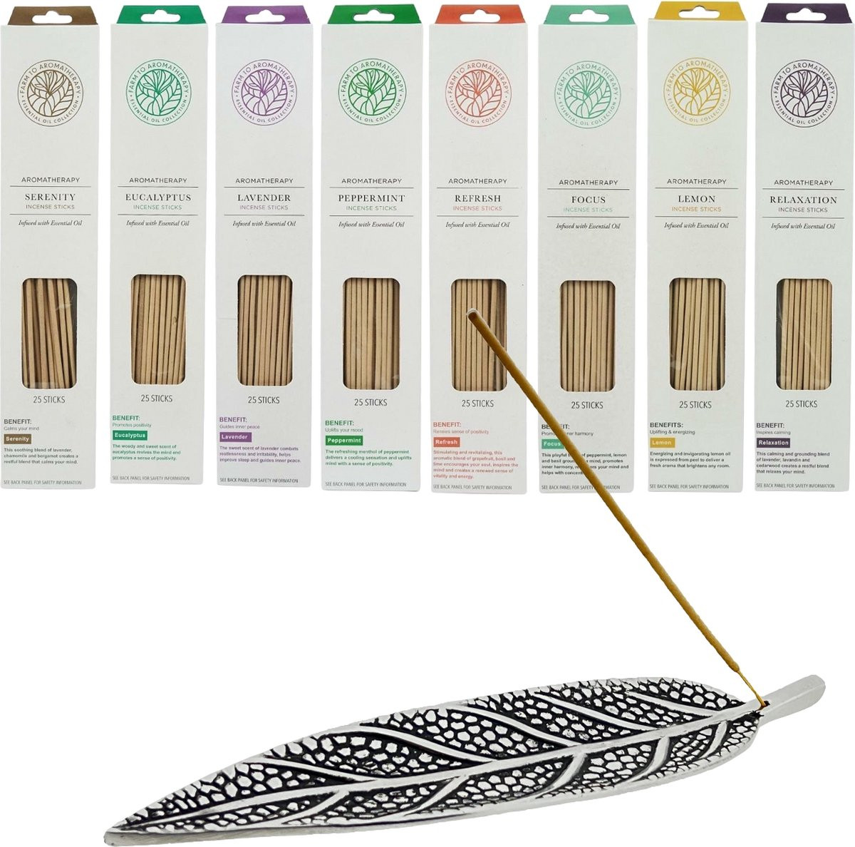 Farm to aromatherapy Assortiment van 200 etherische wierookstokjes met 8 geuren en aluminium wierookhouder