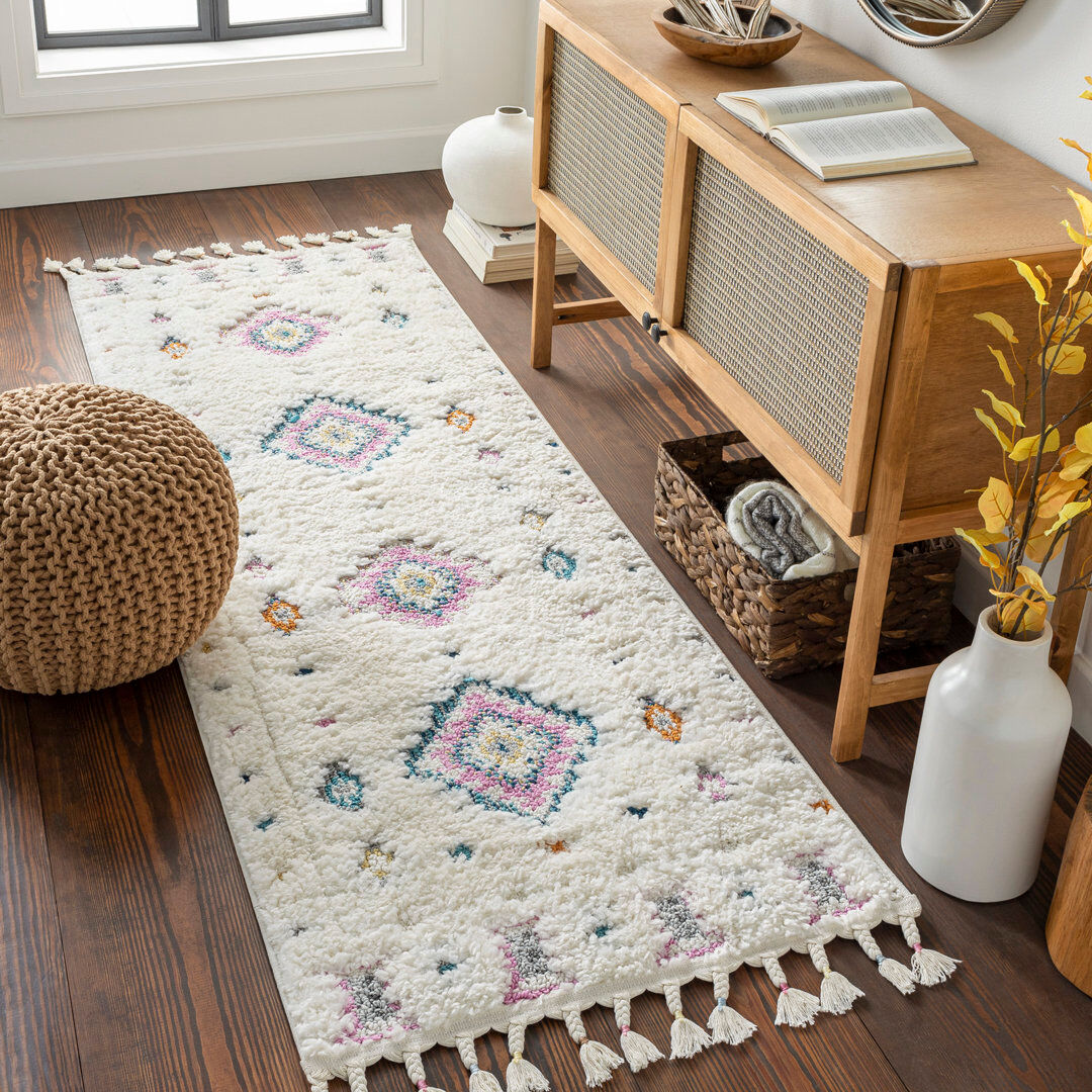 Bloomsbury Market Lunas Geometric Shaggy Area Rug Cream;Orange;White;Purple;Yellow;Black;Blue Runner 80 x 220cm