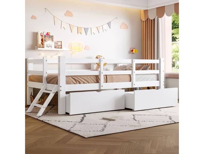 lit enfant 90x200 cm lit simple avec barrière de sécurité et 2 tiroirs blanc