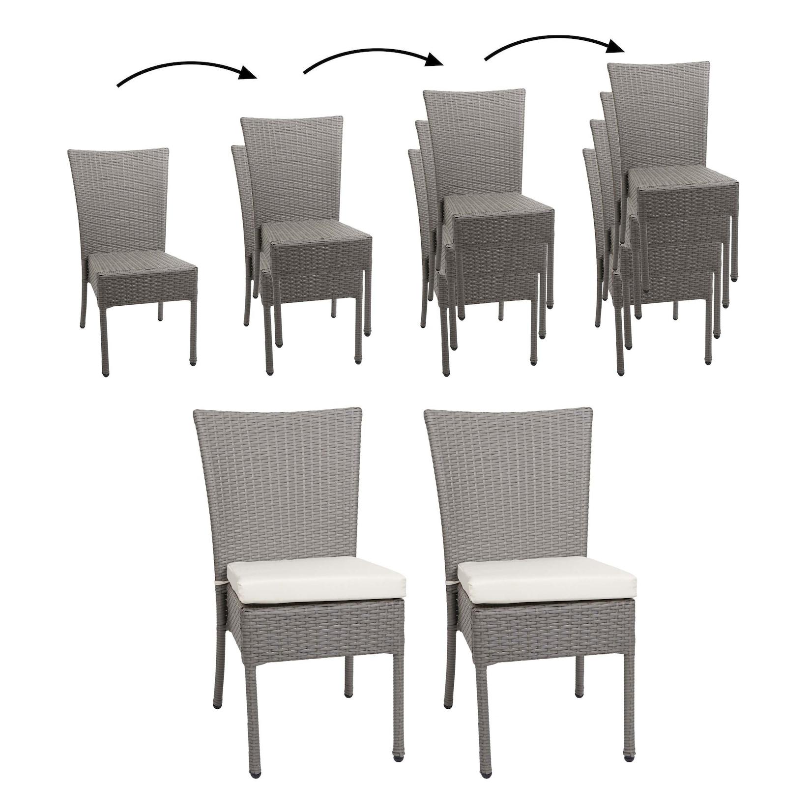 2er-Set Poly-Rattan Stuhl MCW-G19, Balkonstuhl Gartenstuhl, stapelbar ~ grau, Kissen creme