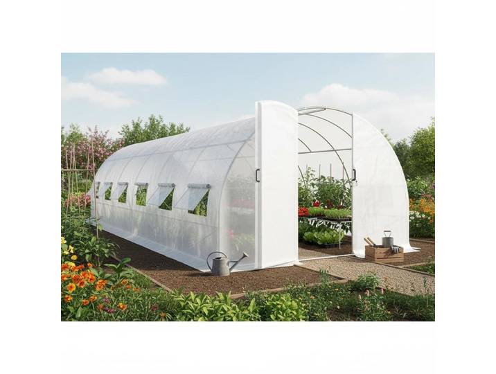 Serre tunnel de jardin 24m², serre de jardin tunnel avec portes et 12 fenêtres avec moustiquaires, 295x798x199cm, blanc
