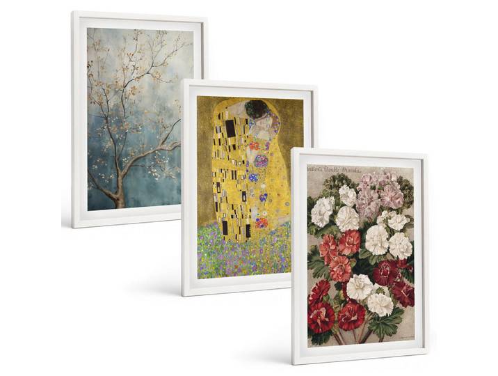 Tulup Bilder SET 3er Set - 40x60 cm Weißer Rahmen - Blumen des Baumes (Gemälde von Klimt), Kunststoff, Rechteckig, 40x60 cm, einfache und schnelle Anbringung, Bilder & Rahmen, Bilder