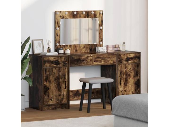 Moderne Ensemble de coiffeuse 3 pcs Coiffeuse moderne Pour chambre avec éclairage en chêne fumé en bois d'ingénierie @FR(693991)