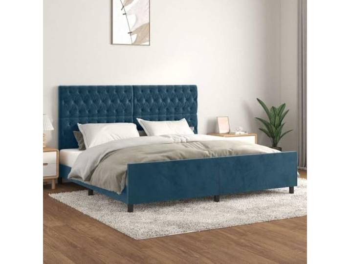 Bettgestell Samt Dunkelblau 200 x 200 cm mit Kopfteil mit Knopfheftung Samtbezug aus 100% Polyester, höhenverstellbares Kopfteil, Sperrholzlatten für gleichmäßige Gewichtsverteilung, fürs