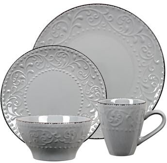 Lorren Home Trends 16 Piece Stoneware Scroll Dinnerware Set-Gray