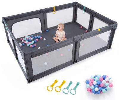 Costway Portable Baby Playpen with 50 Ocean Balls Breathable Mesh and Safe Zippered Doors-Gray
