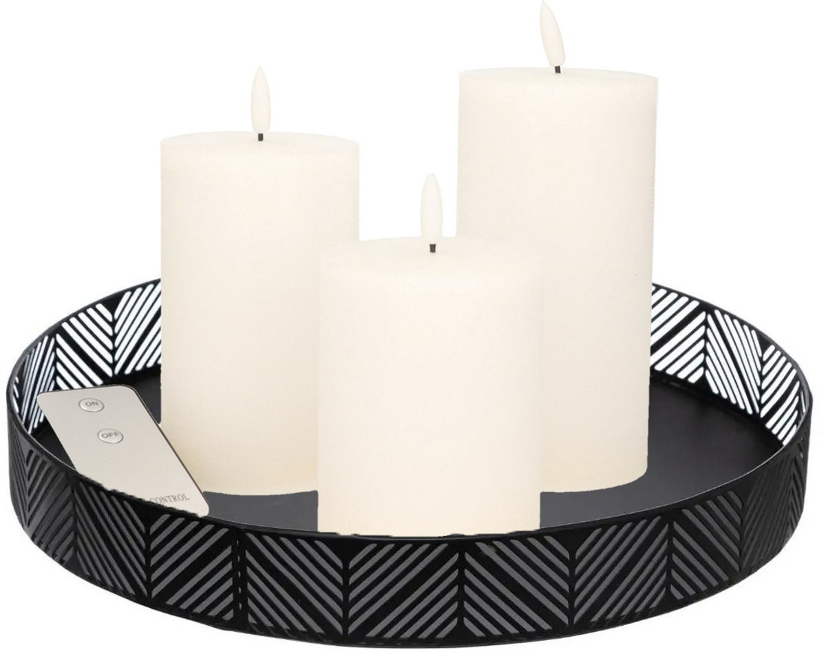 Anna's Collection LED kaarsen met zwart rond metalen dienblad, wit, D29 cm