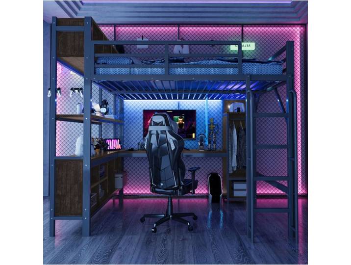HOMVRA Hochbett 140 x 200 cm avec bureau armoire rangements LED prises EU noir