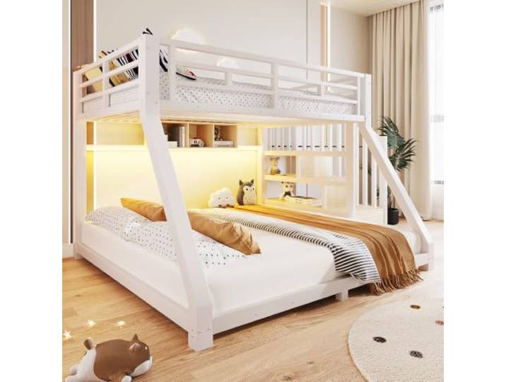 VILUXE Etagenbett mit Ausziehbett Metall (Weiß, 140cm*200cm) Metall-Etagenbett mit Treppe, 3 Staufächern und App-LED, Kinderzimmer, Geschwister und Familien