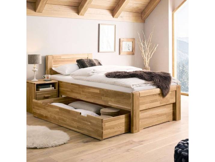 HOMELIV. Seniorenbett Ewen Komfort Wildeiche Massivholz mit Schubkasten 90x200cm Mit Kopfteil