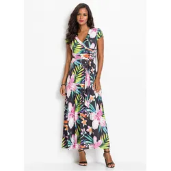 bonprix Maxikleid in Wickeloptik, schwarz, Gr.36/38 (S), Maxikleid mit V-Ausschnitt und kurzen Ärmeln