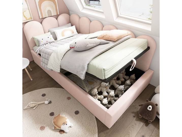 Lit coffre rembourré 90x190 cm - Canapé-lit avec coffre de rangement - Lit enfant avec sommier à lattes - Velours - Rose