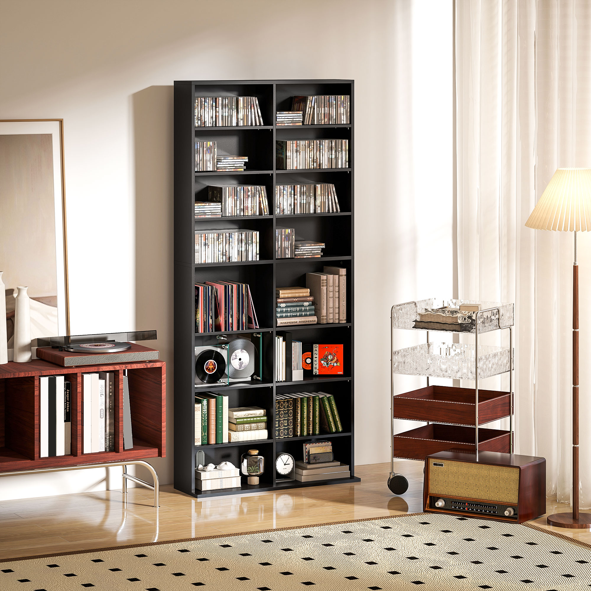 Homcom Scaffale Porta CD con 14 Ripiani Regolabili, Capacità di 640 CD/360 DVD, 78.5x24x175 cm, Nero
