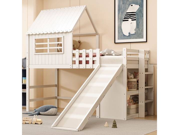 Lit superposé enfant cabane 90x200 - Échelle sécurité - Toboggan prolongé - Étagères multifonctionnelles - Certifié EN747