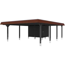 Carport Wendland 630x879 rote Blende, anthrazit, mit Abstellraum, Dachschalung und EPDM Holzcarport