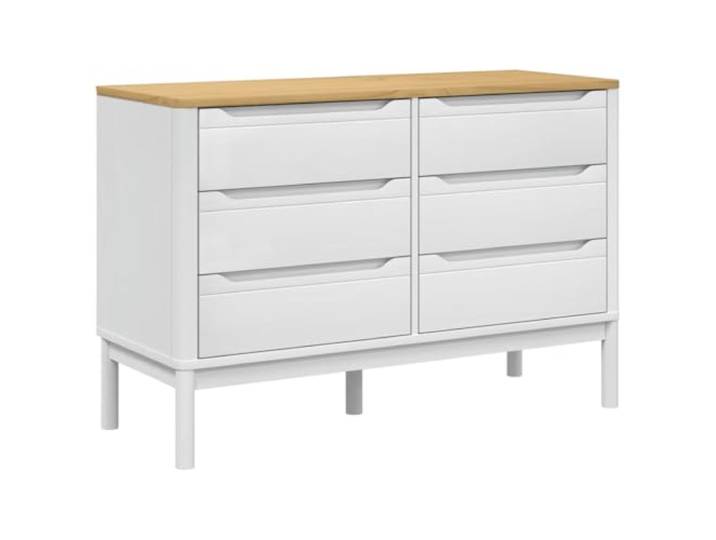 Foknhdi Kommode Floro 6 Schubladen 111x43x73,5 cm Massivholz Weiß Praktischer Schubladenschrank fürs Schlafzimmer mit stabiler Holzkonstruktion und sechs Auszügen für Alltagsdinge.