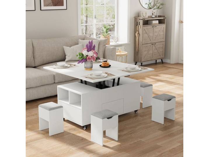 Table basse relevable transformable - 3 en 1 - 106x106x68 cm - Blanc - Levage hydraulique - Plateau extensible
