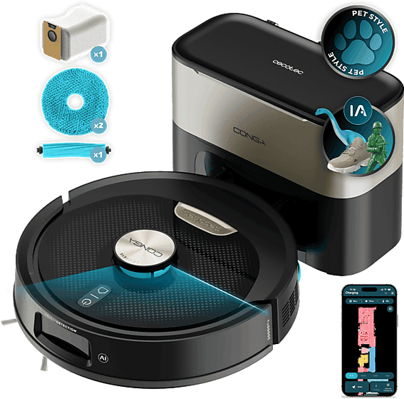 Robot aspirador - Cecotec Conga Y100 Spin AI, 20000 Pa, 220 m², Navegación láser, Autovaciado, Especial mascotas, Negro