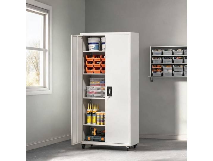 Armoire à outils en acier avec 4 étagères réglables roues amovibles et serrure 180 cm