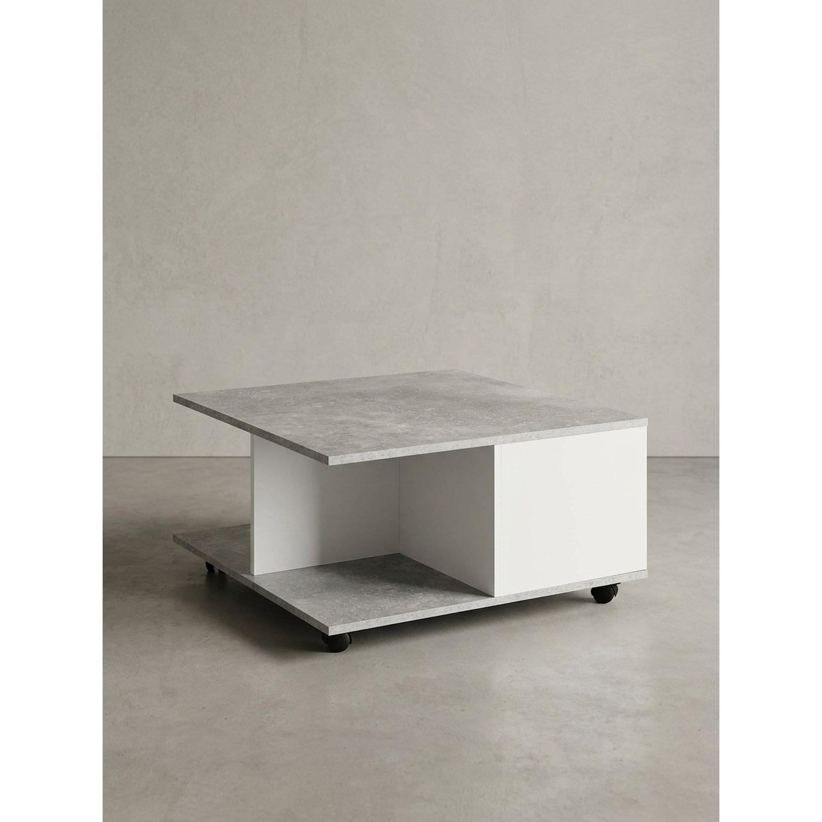 Couchtisch mit Rollen, 2 Schubladen und Fächern, Hellgrau 70x70x36 cm