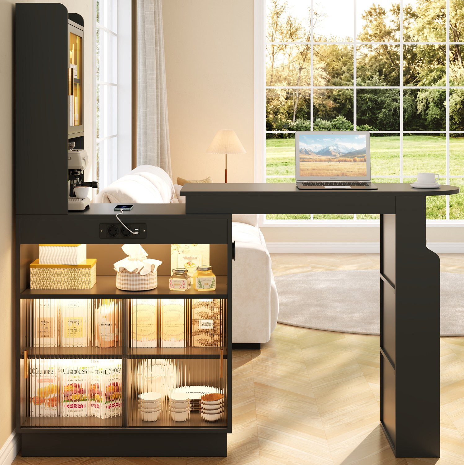 STILVORA Keukenkast met uitschuifbare bartafel en opbergruimte, Zwart, B/D/H: 131-170 x 40 x 170 cm