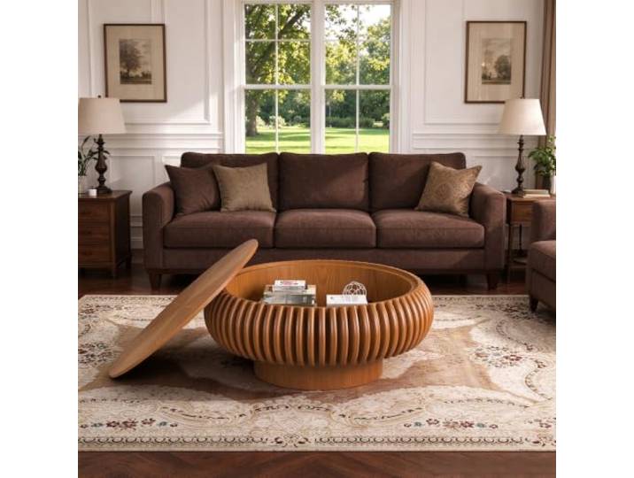 Runder Couchtisch in Trommelform Mit Stauraum Runder Couchtisch Im Mid-Century-Modern-Stil – Runder Wohnzimmertisch Im Farmhouse-Stil Mit Geriffeltem Design, Für Wohnungen
