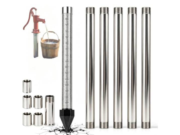 Sandspitze, Brunnenbausatz 1-1/4 Zoll 5+1 Für Garten 60 Mesh Edelstahl-Sieb, Fünf 99-cm-Rohre, Rammkupplungen Und Schlagkappe Für Geeignete Böden