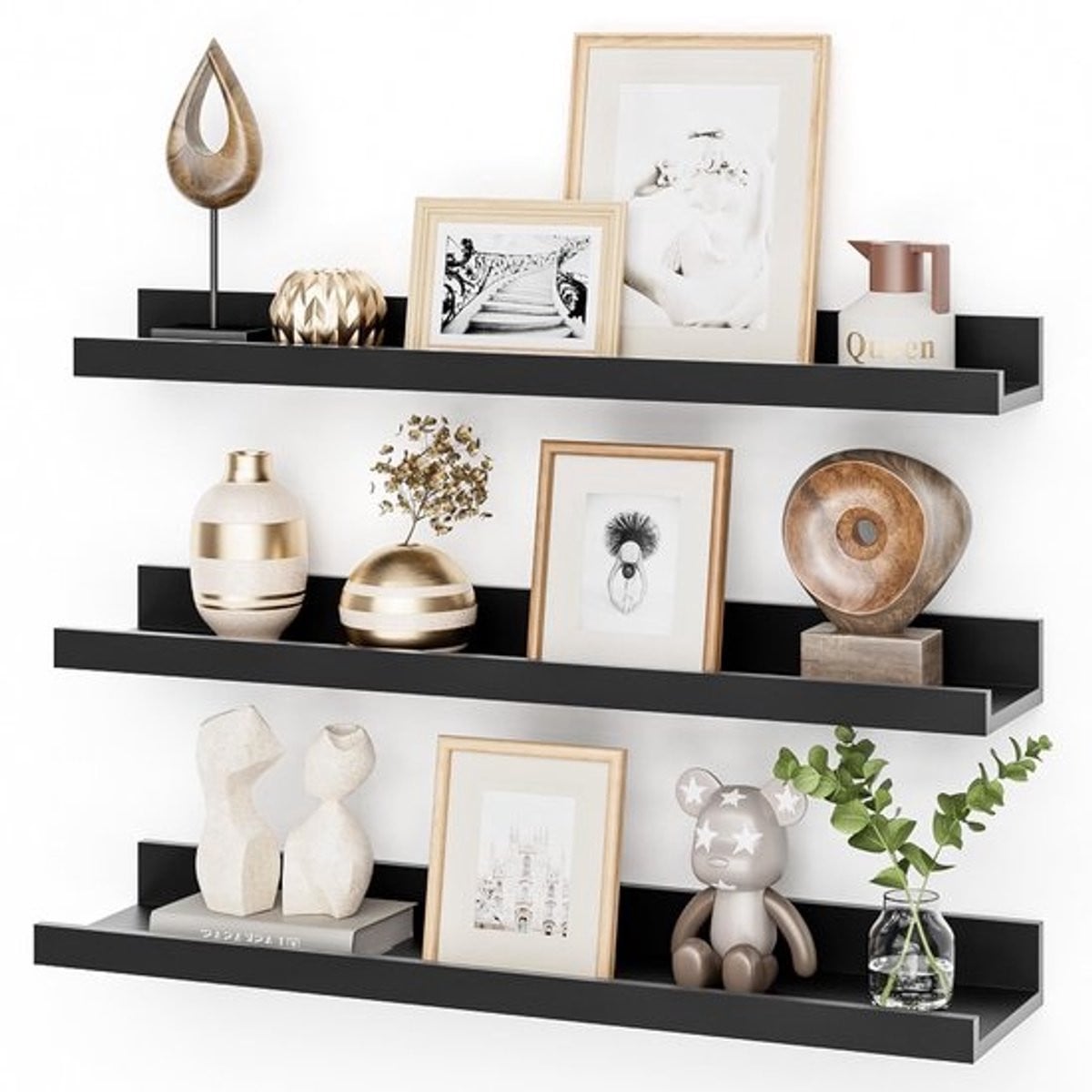 Zwevende Plank Set van 3 - MDF-hout Wandrek voor Decoratie - Zwart