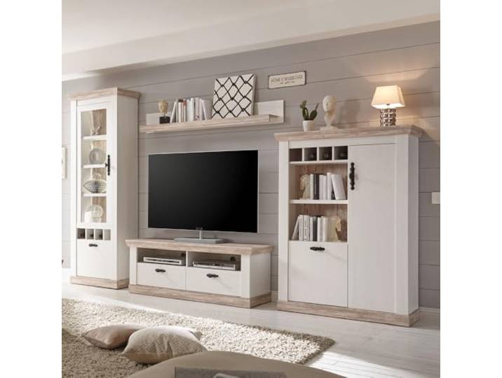 Lomadox Landhaus woonwand grenen wit met vitrine & highboard, tv-lowboard & plank incl. LED-verlichting