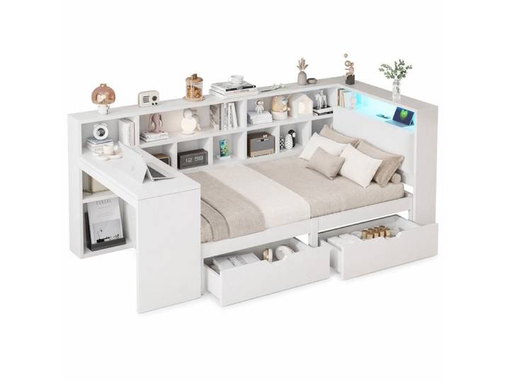 ELVORIN Lit plateforme en L 90 x 200 cm avec bureau intégré bibliothèque ouverte tiroirs tête de lit LED et station USB blanc