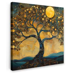 LEINWANDBILD Baum - Mond - Blumen - Gold - Kunst Deko Groß 90x90 cm