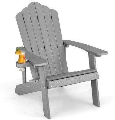 Costway Weather Resistant HIPS Outdoor Adirondack Chair with Cup Holder-Gray