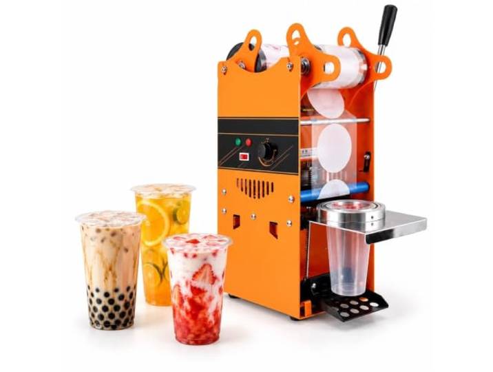 Elektrische Becherverschließmaschine, 300 Becher/h Bubble Tea Sealer For 90/95 Mm Tassen, Edelstahl, For Kaffee-Milch-Tee-Smoothies(Orange)