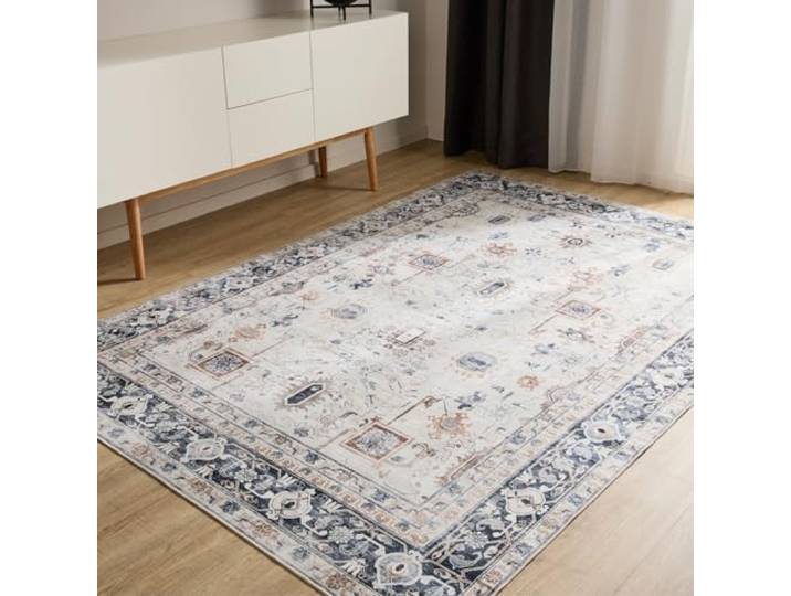 benuta Basic Waschbarer Teppich George - Creme/Grau 80x150 cm - Kunstfaser - Rechteckig & im Style: Vintage, Elegant, Retro - Pflegeleicht für Wohnzimmer Schlafzimmer