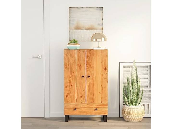 RJPLMFV Hohe Anrichte, Akazie, massiv, 60 x 33 x 100 cm 2 Fächer, 1 Schublade, Füße aus Eisen, industrielle Aufbewahrung, Wohnzimmer