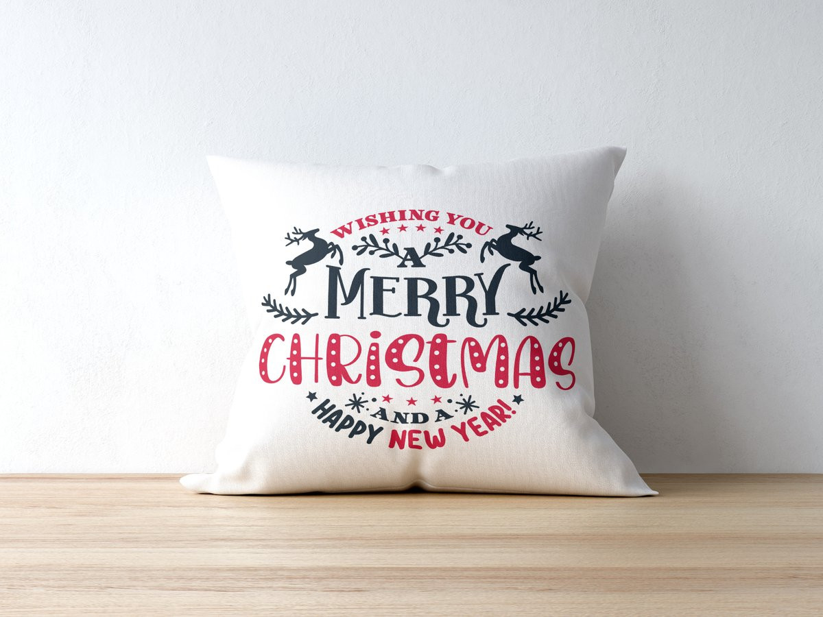 Sierkussen Kerstdecoratie met tekst Wishing You A Merry Christmas And A Happy New Year in polyester