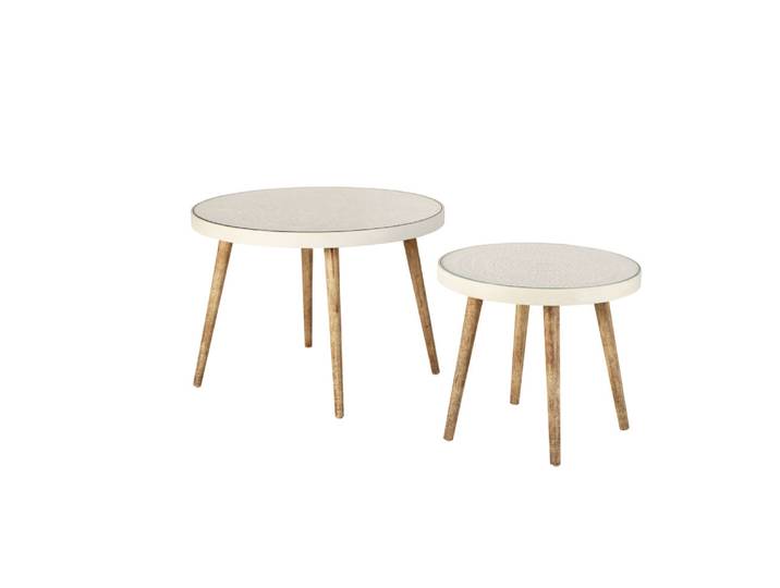 Beistelltischchen, weiß mit eingravierten Motiven und Glas