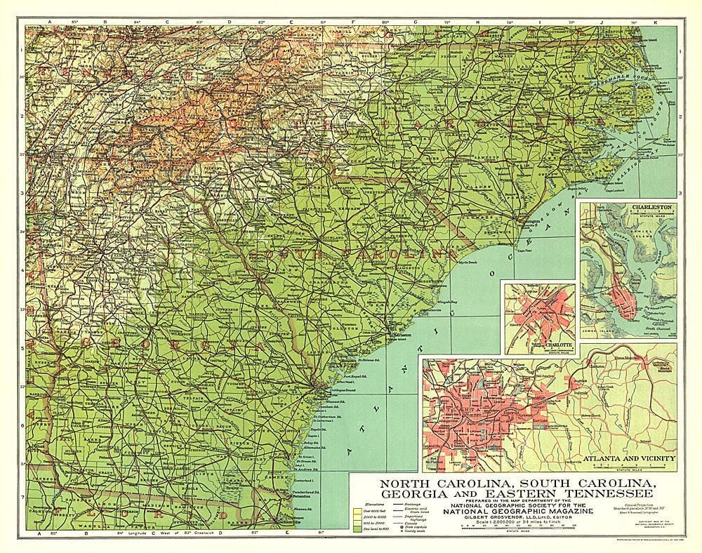 National Geographic Historic POD Carte 1926 de la Caroline du Nord, de la Caroline du Sud, de la Géorgie et du Tennessee oriental