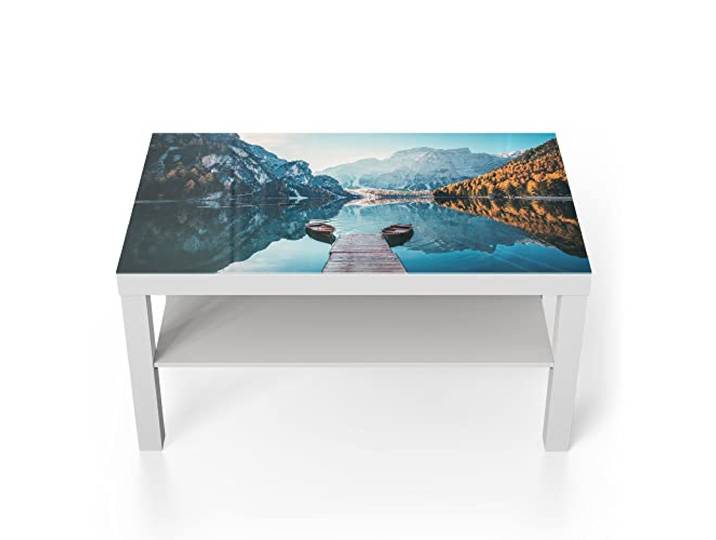 DEQORI Glastisch weiß groß 90x50 cm Motiv Blick auf Lago di Braies ausgefallener Beistelltisch aus Glas Hochglanz Couchtisch fürs Wohnzimmer moderner Couch Tisch mit Design