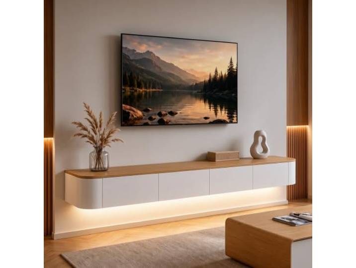 Ribanedy Modernes Schwebendes TV-Regal mit LED-Beleuchtung Wandmontierte Unterhaltungsmedien-Konsole Großes Aufbewahrungs-TV-Bank für Wohnzimmer & Büro (Weiß + Holzfarbe, 200cm)