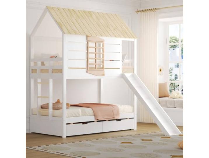 I0I&I0I Etagenbett mit Rutsche Ausziehbett für Kinder mit Stauraum, Sicherheitsgitter und Leiter für Kinderzimmer (White+Natural + MDF + Pine + Plywood + 90cm*200cm)
