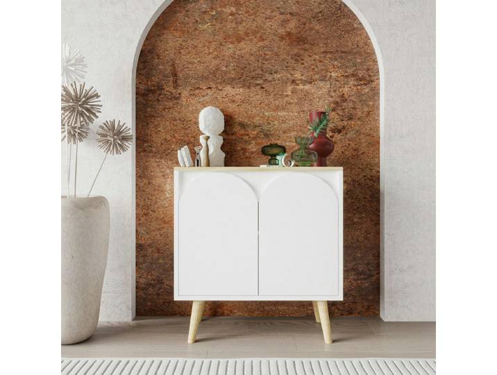 Petit buffet blanc 2 portes, plateau effet bois clair MARFA