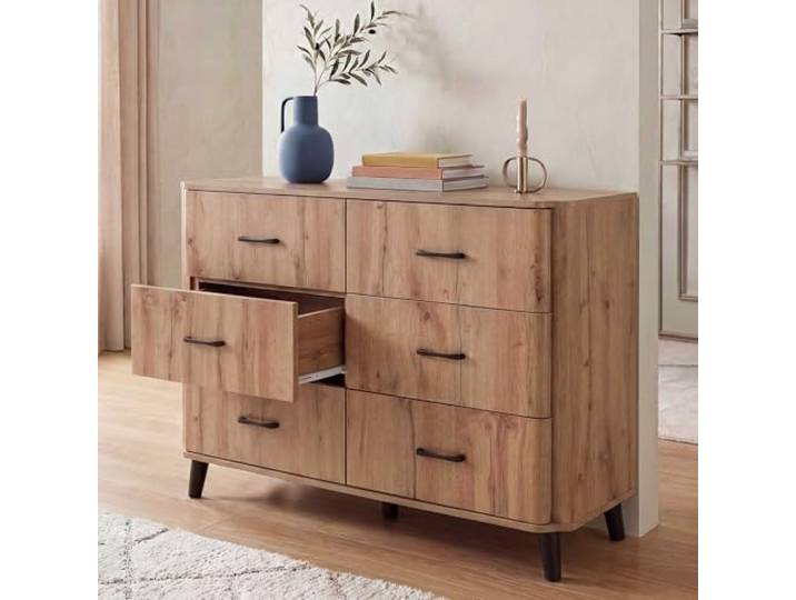 Mendler Kommode HWC-P42 6 Schubladen 86x120x40cm - Wotan-Eiche-Optik Sideboard, Schrank, Anrichte