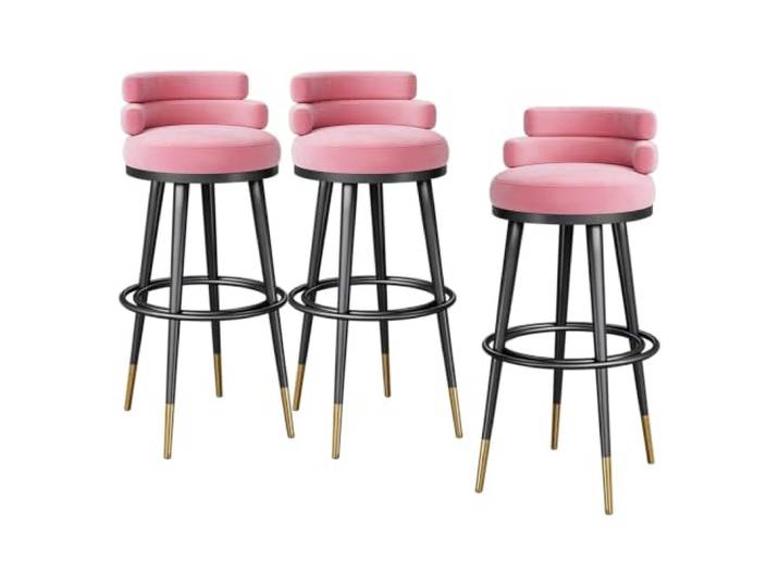 Guyifuny Barhocker Samtbezug 3er Set Niedrige Rückenlehne Fußstütze Samtbezug gepolstert, Schaum hochdicht, niedrige Rückenlehne für Komfort, Metallgestell mit Fußstütze(Pink,25.6in)