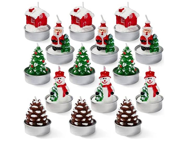 THE TWIDDLERS 15 Mini Kerst Theelichtkaarsen, 5 Ontwerpen, 5x4cm - Kersttafeldecoratie, Cadeau voor Familie en Vrienden